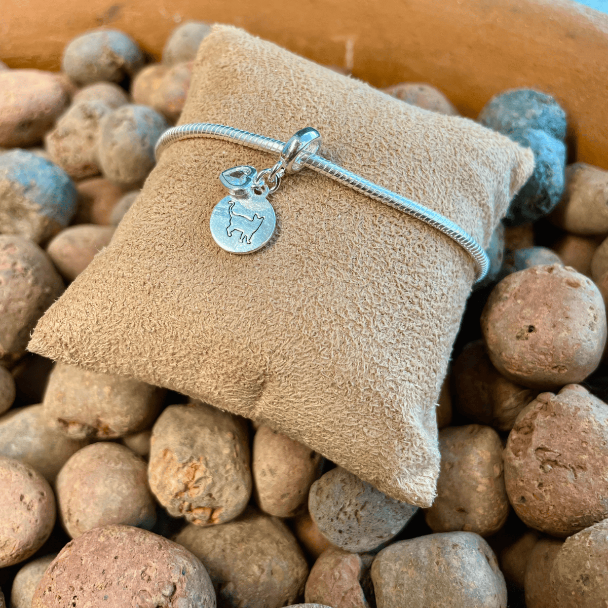 Berloque Medalha Lisa com Gato e Ponto de Luz de Coração em Prata 925