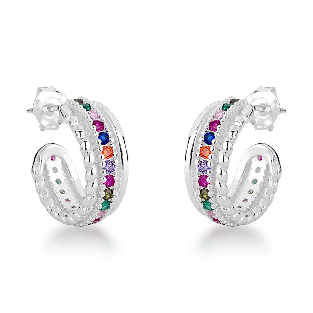 Brinco Argola Luza de 3 Fios com Central Cravejada de Zircônias Colors em Prata 925