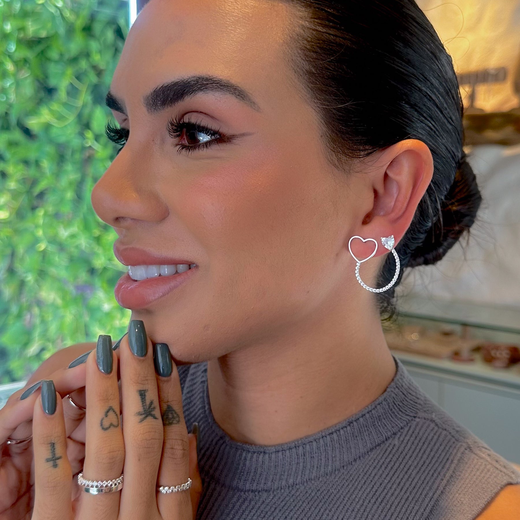 Brinco Dupla de Desmontável Luza de Coração + Corrente de Riviera em Prata 925