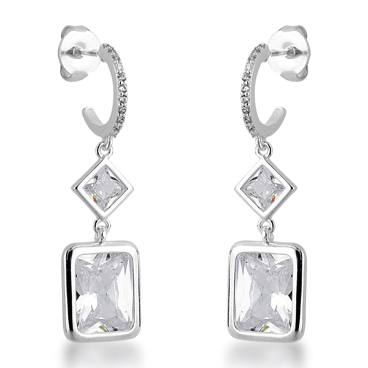 Brinco Meia Argola Luza com Pontos de Luz Geométricos Pendentes em Prata 925