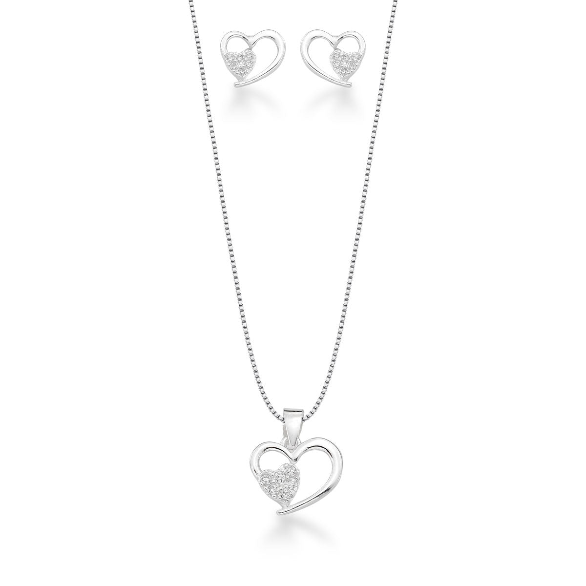 Conjunto Coração Liso vazado com Coração Cravejado de Zircônia em Prata 925