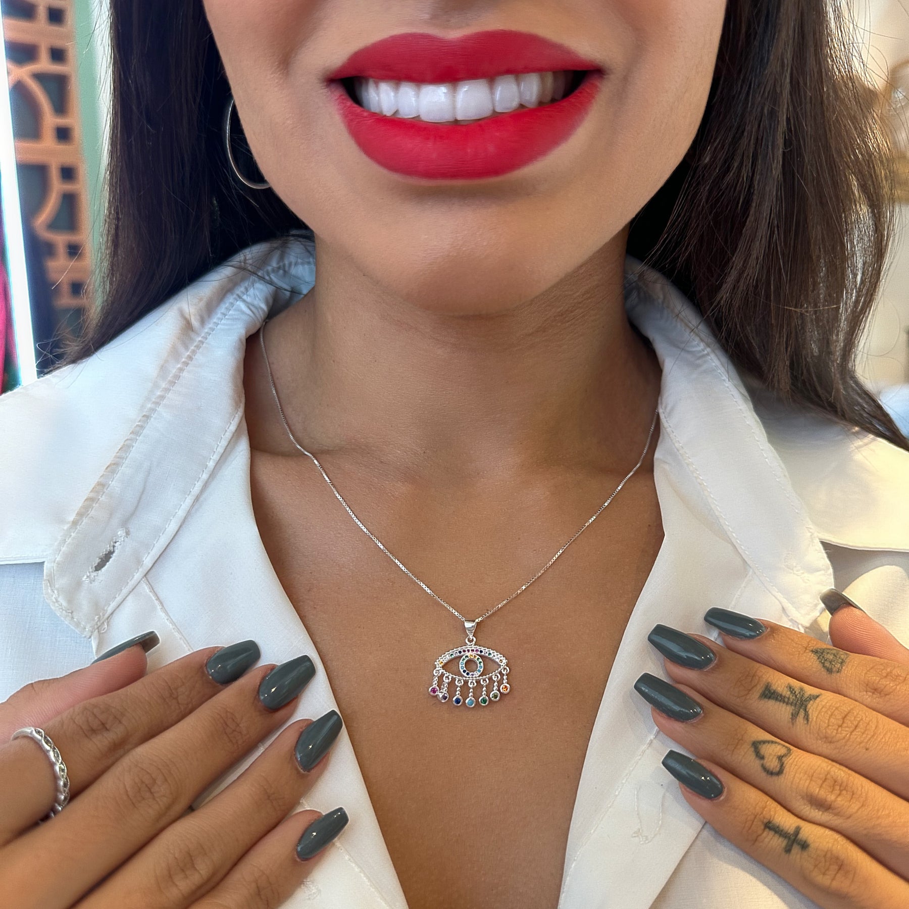 Pingente de Olho Grego Vazado com Microzircônias e Pontos de Luz Colors Pendentes em Prata 925