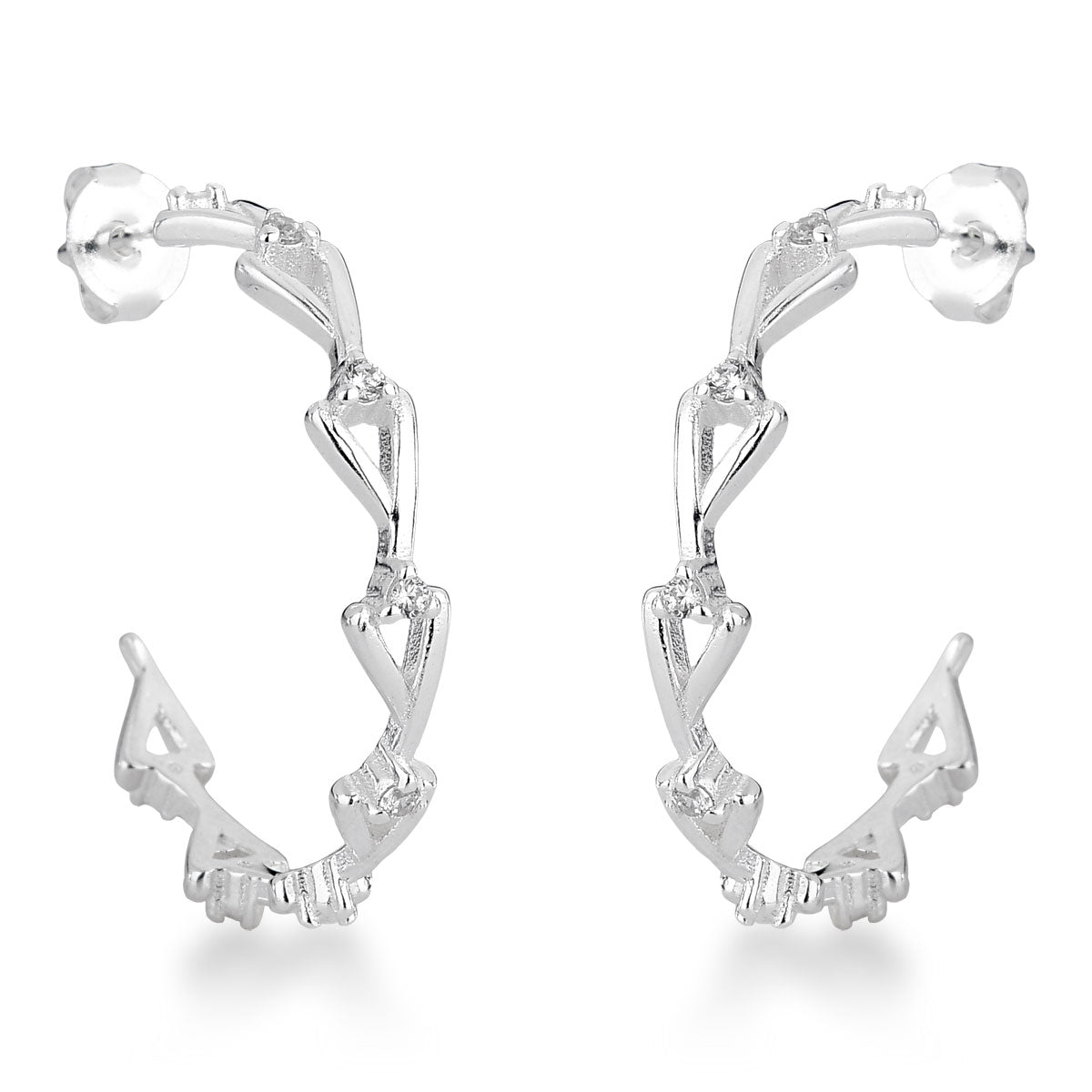 Brinco de Argola Luza com Mini Triângulos e Pontos de Luz em Prata 925