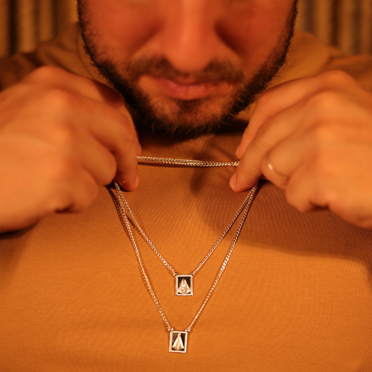 Escapulário Sagrado Coração de Jesus e Nossa Senhora Aparecida de Malha Grossa em Prata 925