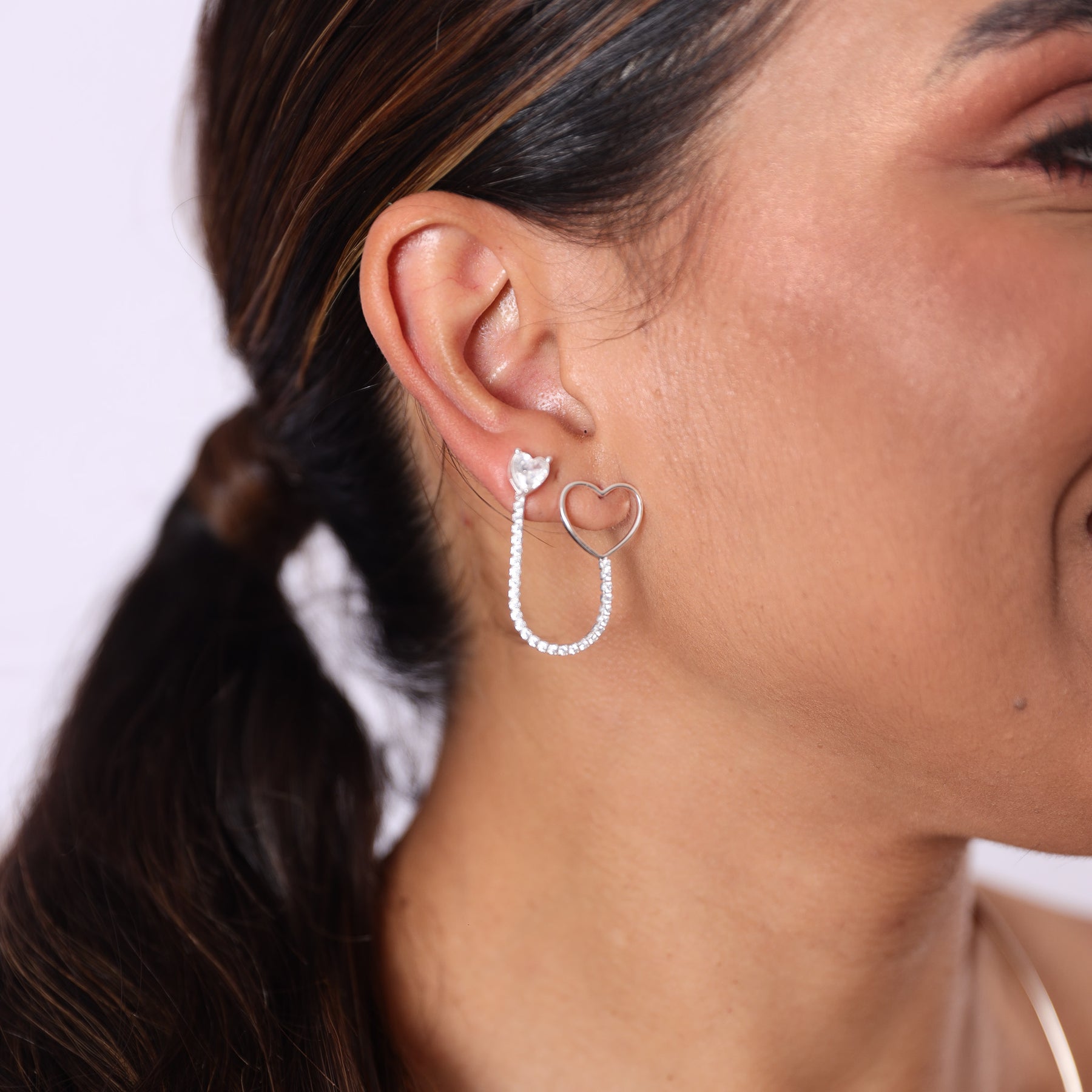 Brinco Dupla de Desmontável Luza de Coração + Corrente de Riviera em Prata 925