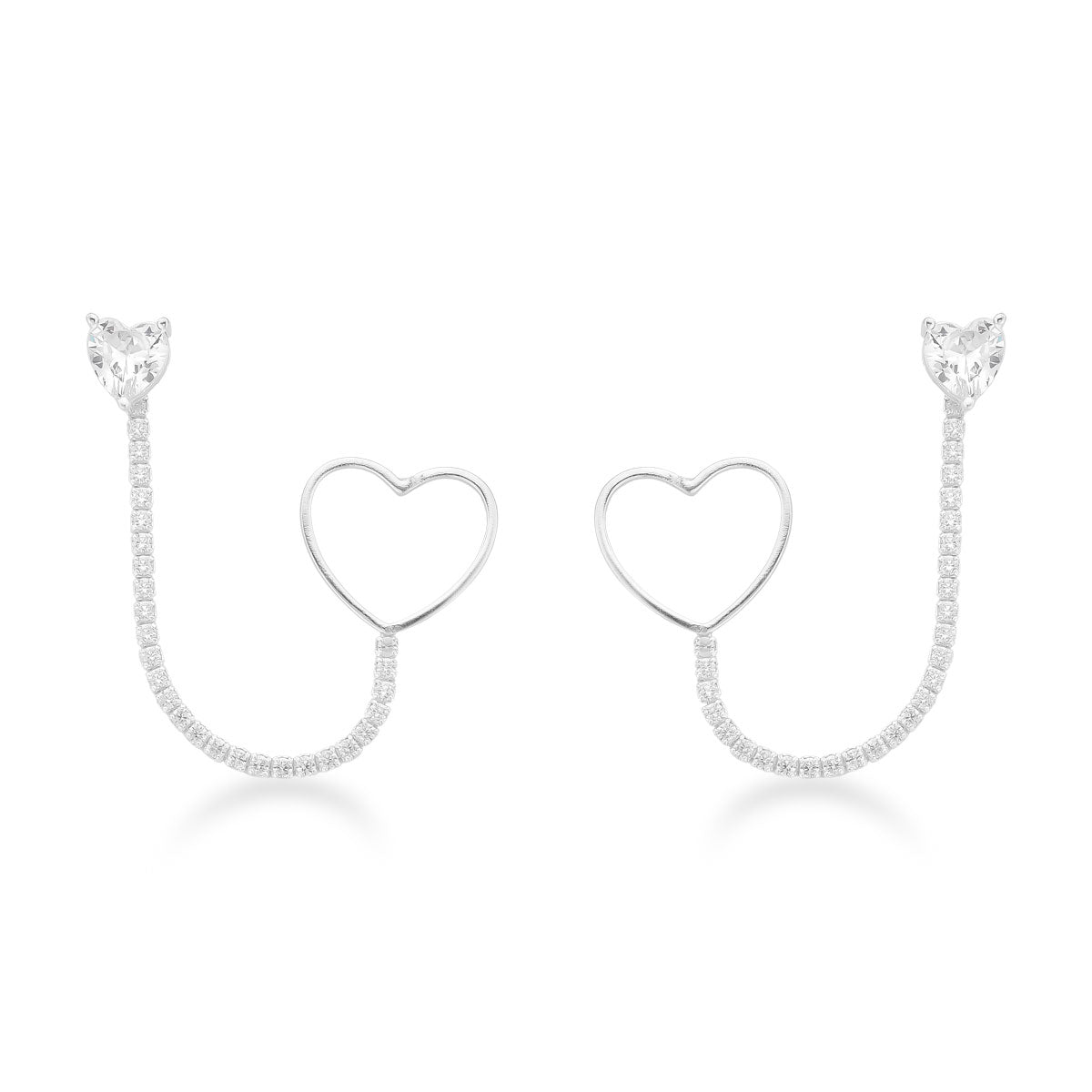 Brinco Dupla de Desmontável Luza de Coração + Corrente de Riviera em Prata 925