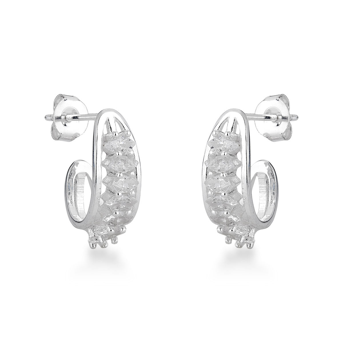 Brinco de Meia Argola Luza com 3 Linhas e Navetes Cristais em Prata 925