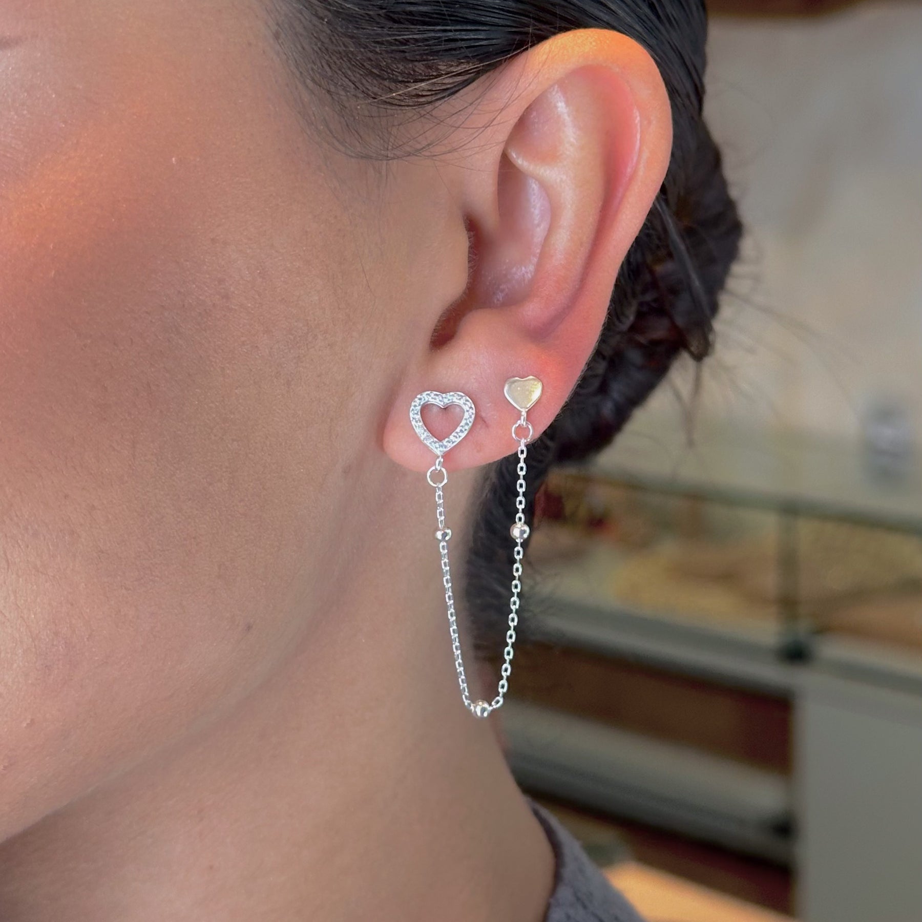 Brinco Ear Line Luza Duplo de Corações em Prata 925