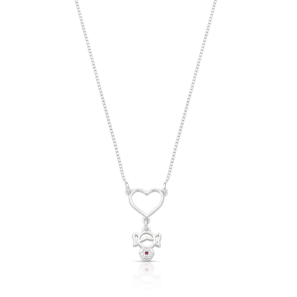 COLAR CORAÇÃO VAZADO COM MENINA PENDENTE E MINI ZIRCÔNIA ROSA EM PRATA 925