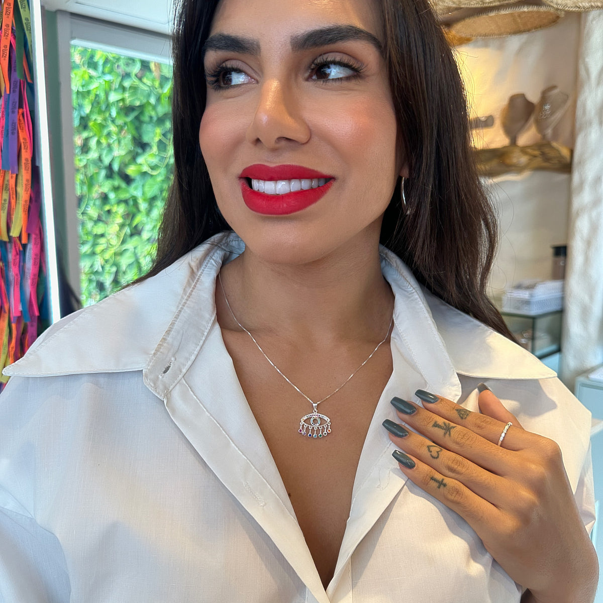 Pingente de Olho Grego Vazado com Microzircônias e Pontos de Luz Colors Pendentes em Prata 925