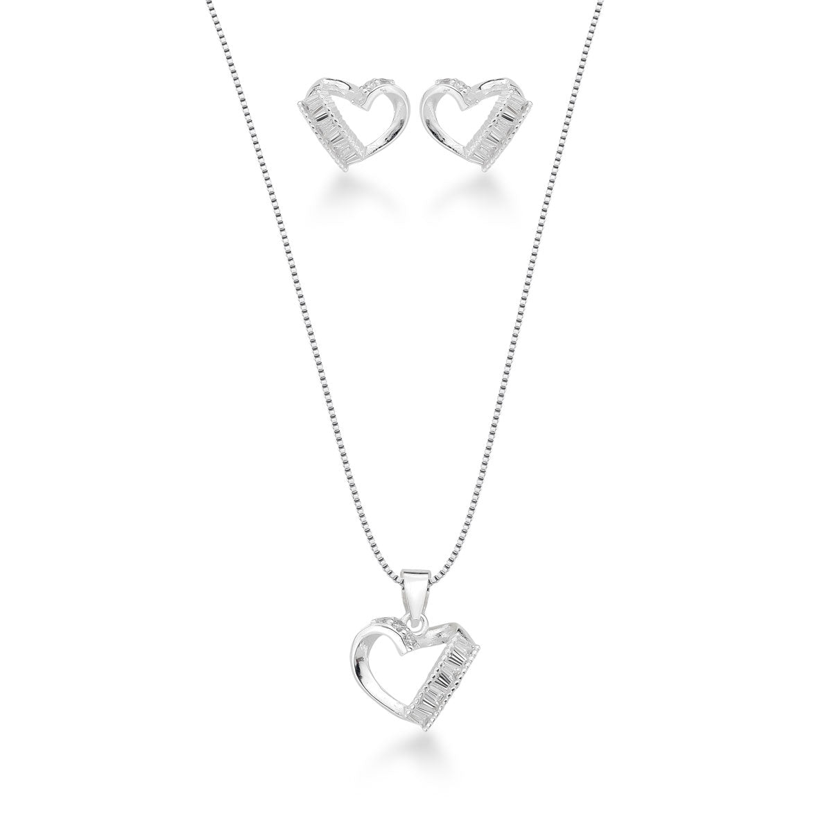 Conjunto de Coração Vazado com Navete em Prata 925