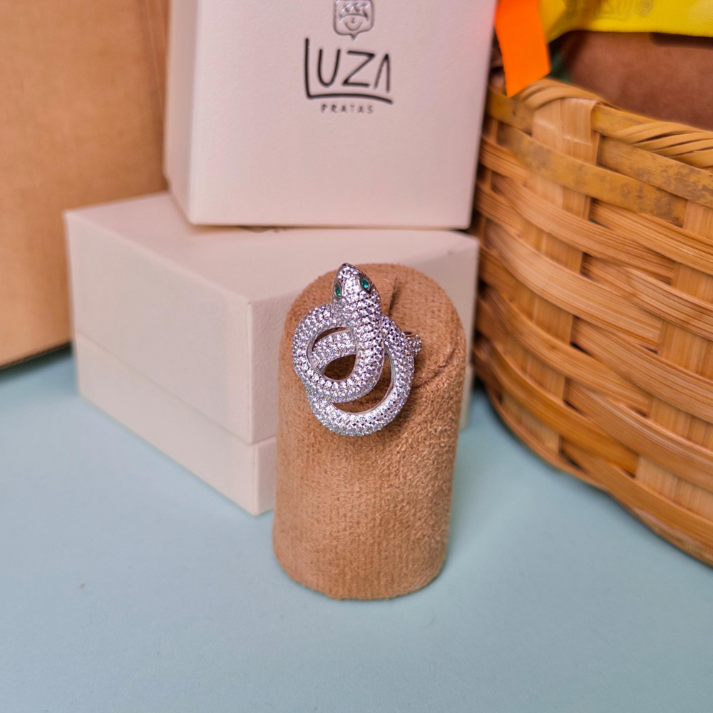 Anel Luza Luxo de Cobra Cravejada de Zirconia em Prata 925