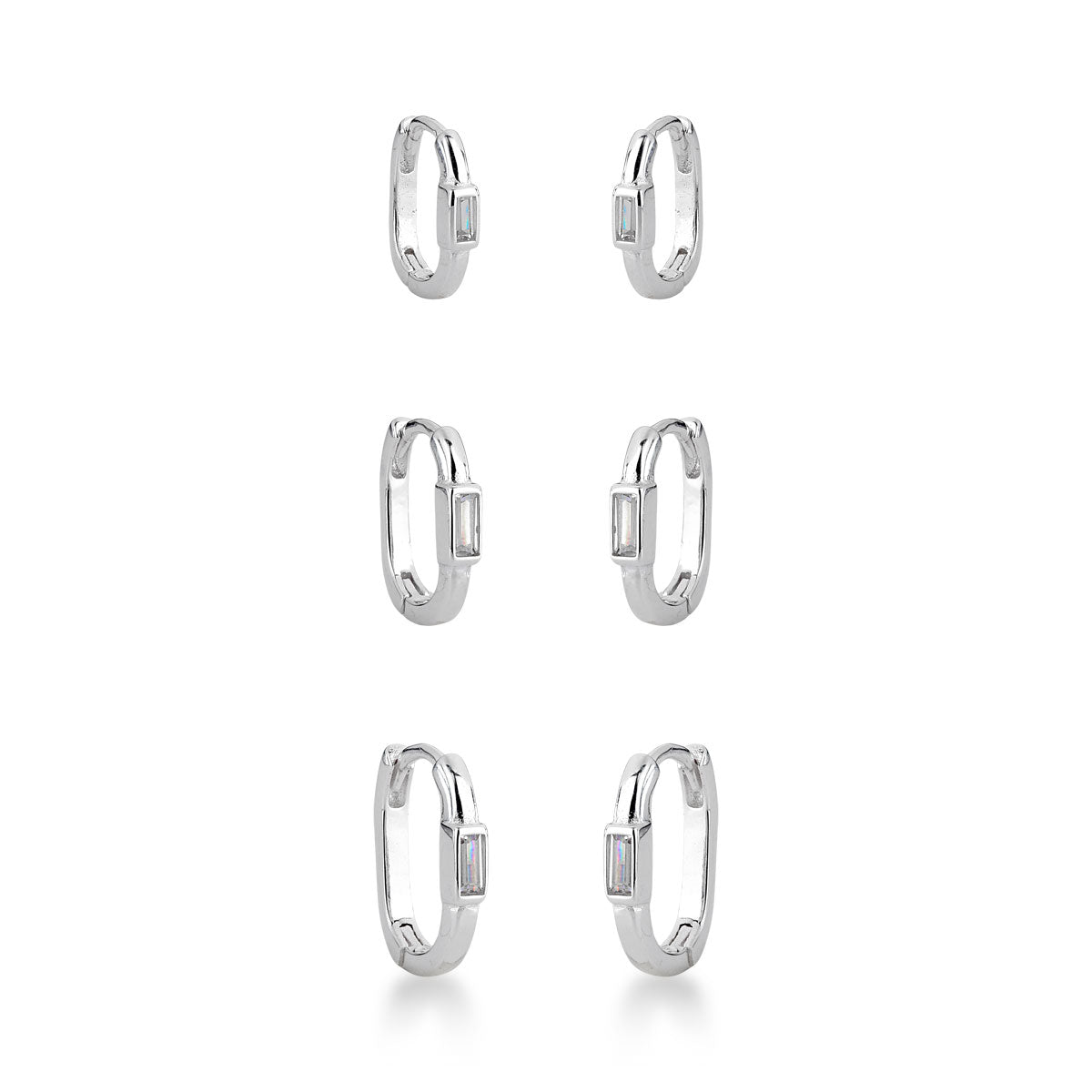 Brinco Trio de Argolas Luza Rengulares com Ponto de Luz em Prata 925