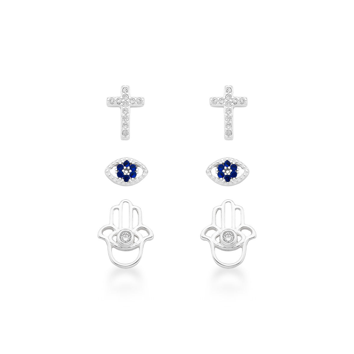 Trio de Brincos Luza: Mão Vazada, Cruz Cravejada e Olho Grego em Prata 925