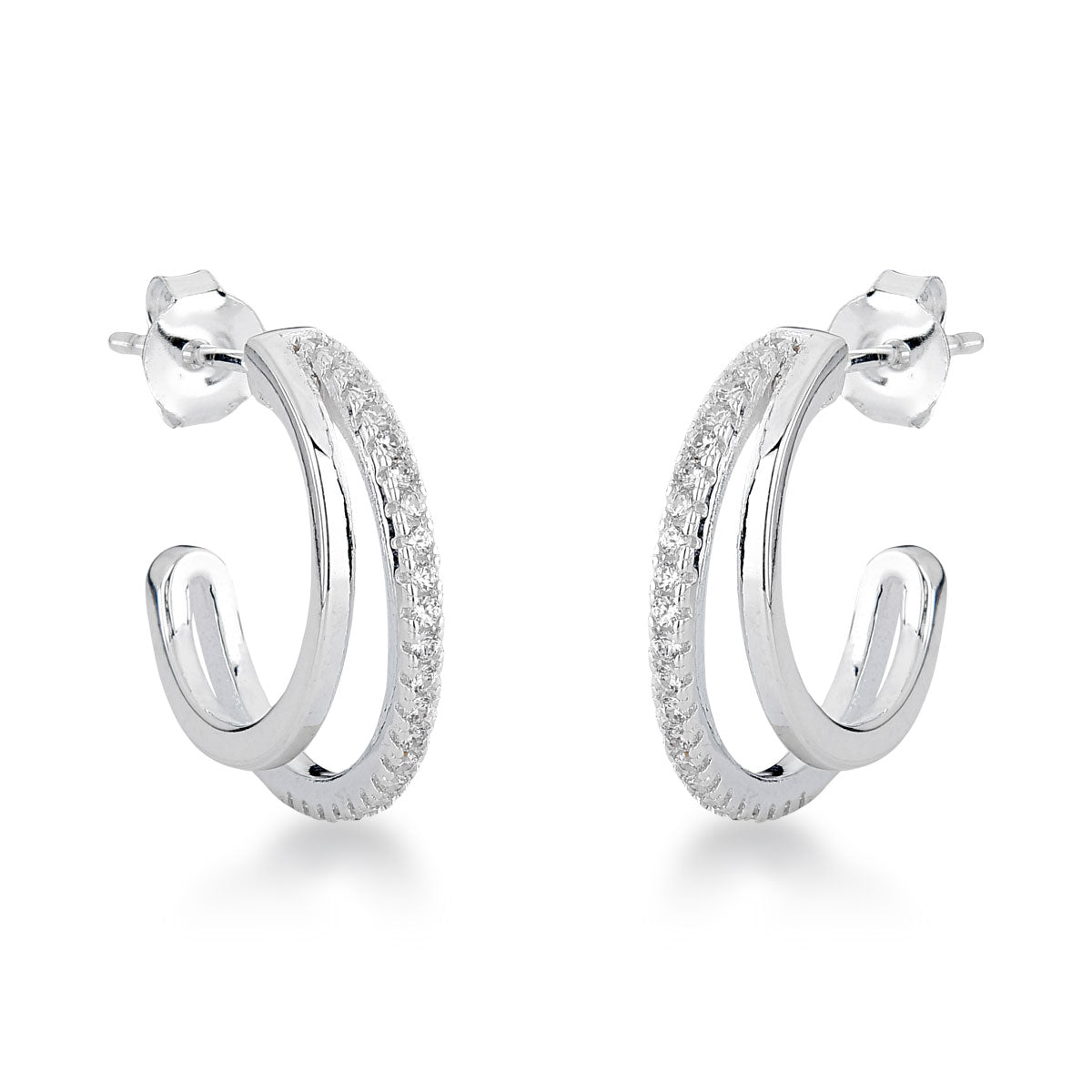 Brinco de Argola Luza com 2 Linhas Assimétricas Sendo 1 Cravejada em Prata 925