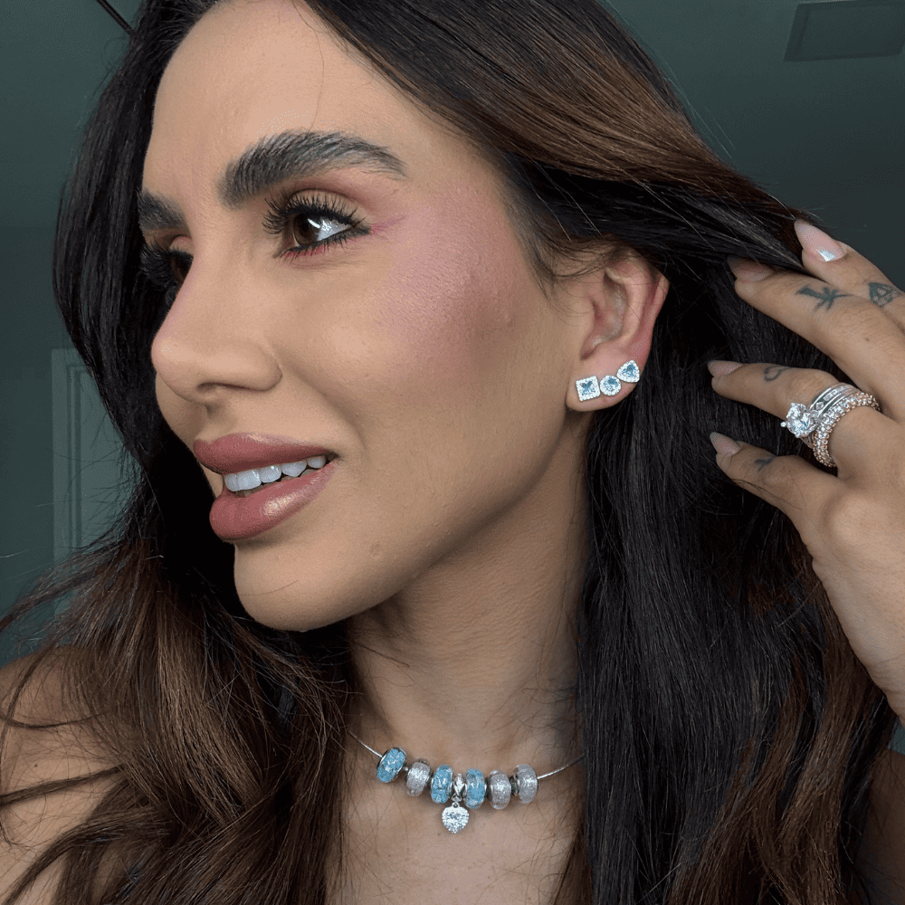 BRINCO TRIO LUZA DE FORMAS GEOMETRICAS DE PEDRA COLOR E ZIRCONIA EM PRATA 925