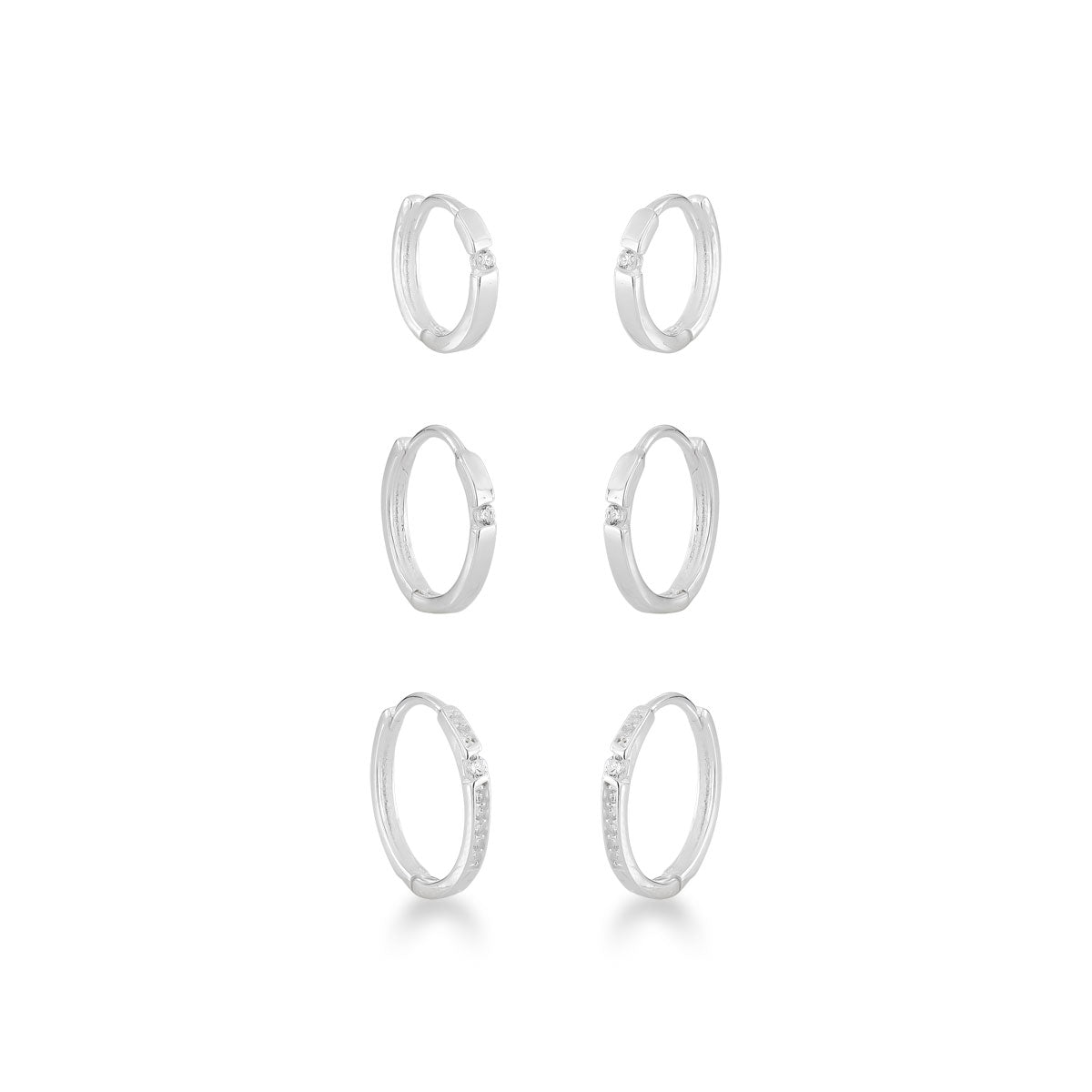 Brinco Trio Luza com Uma Linha de Zircônia e Argolas Lisas com Um Ponto de Luz em Prata 925