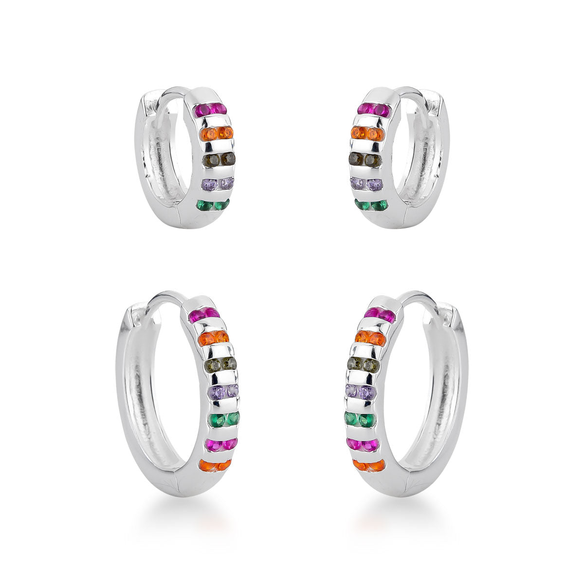 Dupla de Argolas com Linhas Lisas e Cravejadas Color em Prata 925