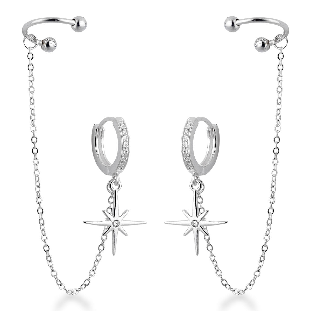 Brinco de Argola Luza com Estrela Pendente + Piercing Fake em Prata 925