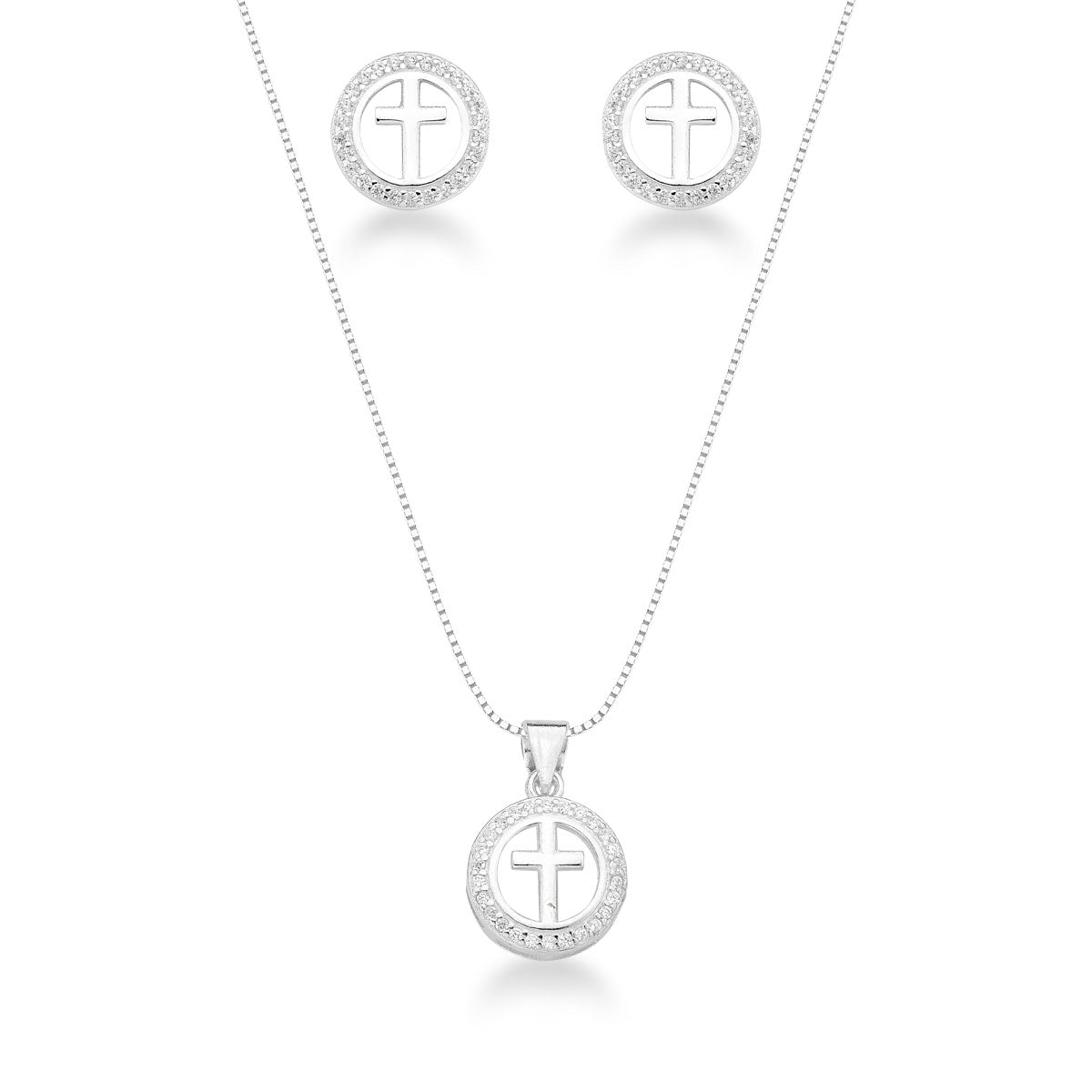 Conjunto de Cruz Rodeado de Zircônias em Prata 925