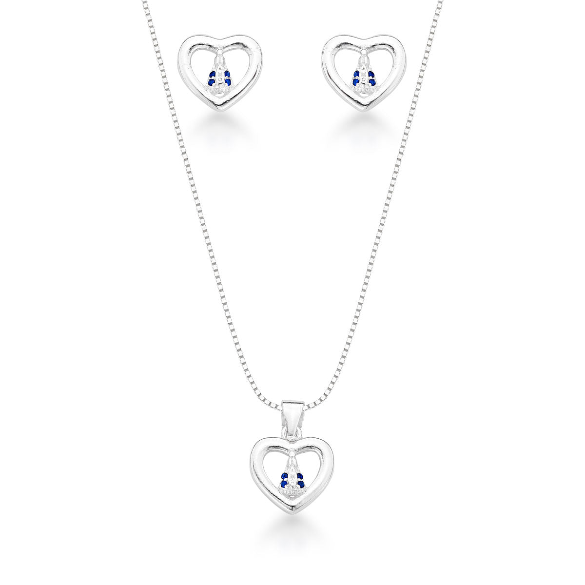 Conjunto Luza de Coração Vazado com Nsa. Sra. Apar. em Prata 925