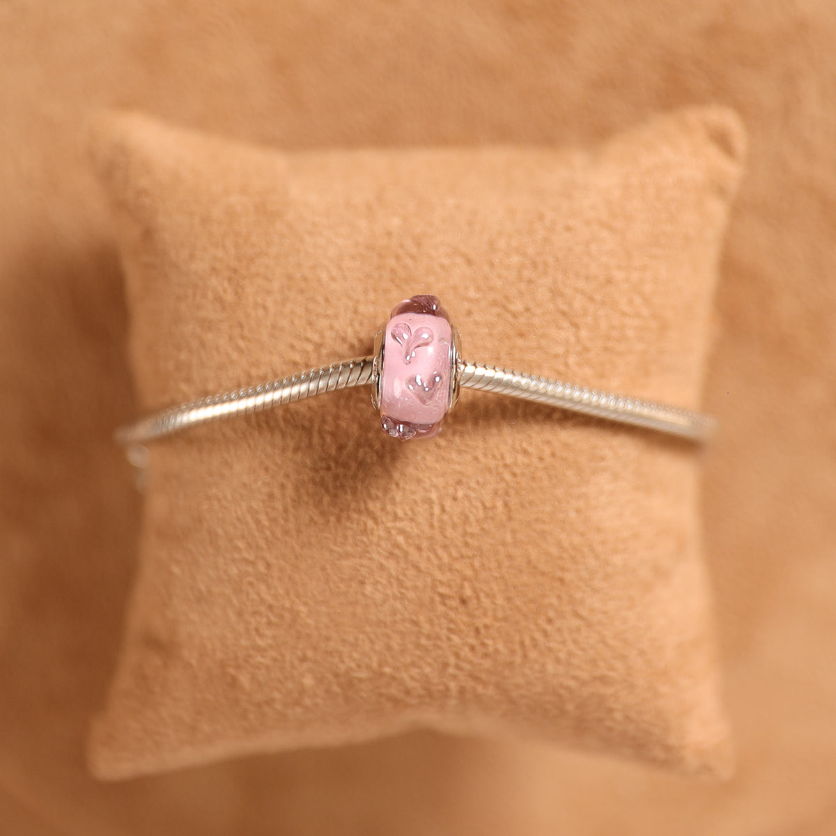 Berloque Separador Murano Rosa com Mini Corações em Prata 925