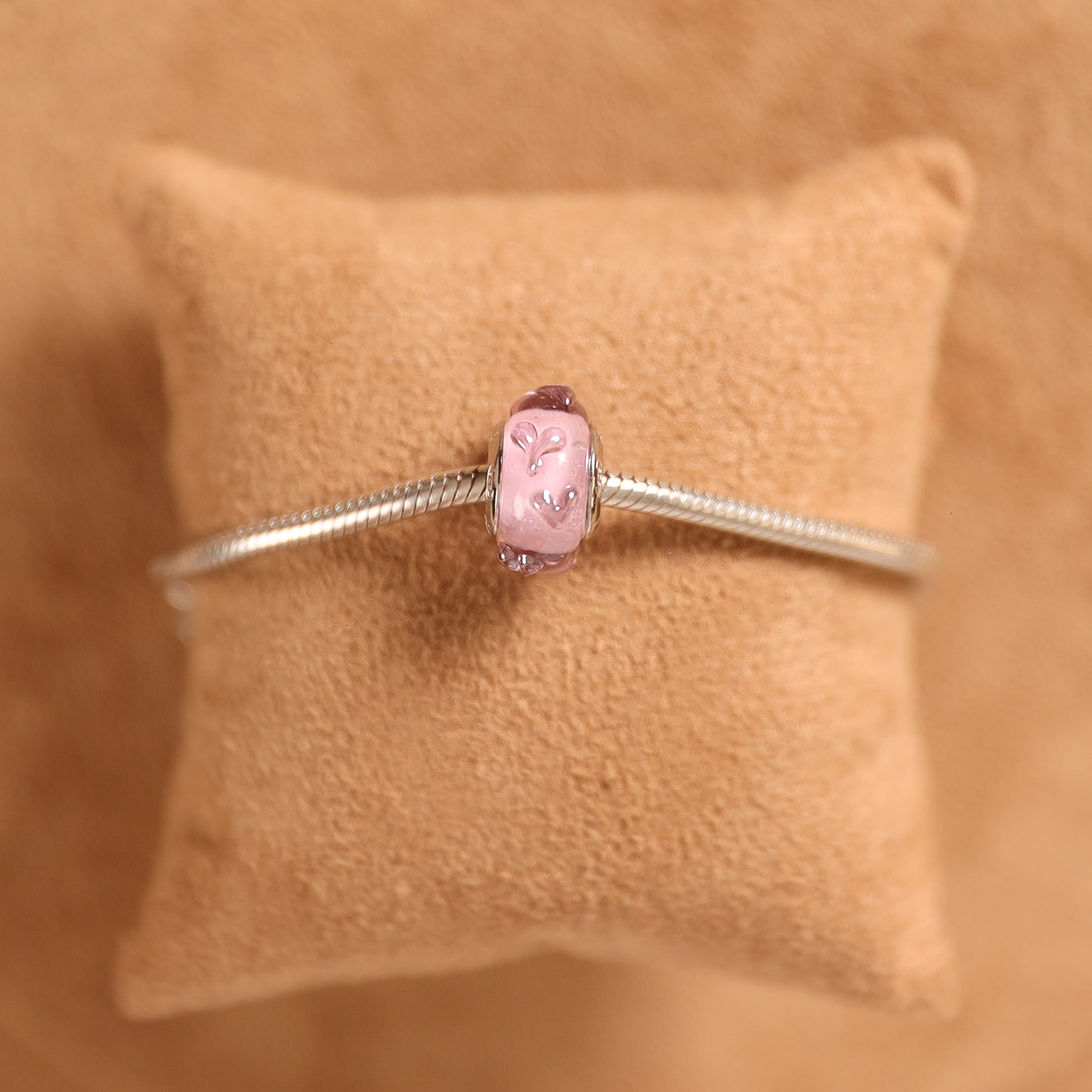 Berloque Separador Murano Rosa com Mini Corações em Prata 925