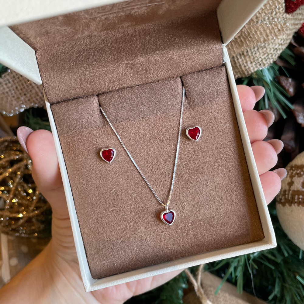 Conjunto Luza Ponto de Luz de Coração Color 6MM Embutido em Prata 925