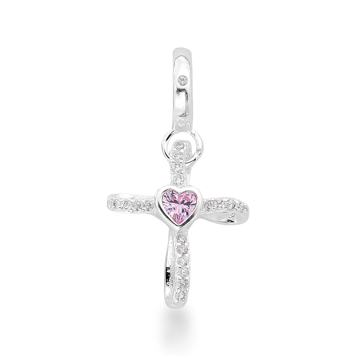 Berloque de Cruz com Coração Cravejada de Zircônia Rosa em Prata 925