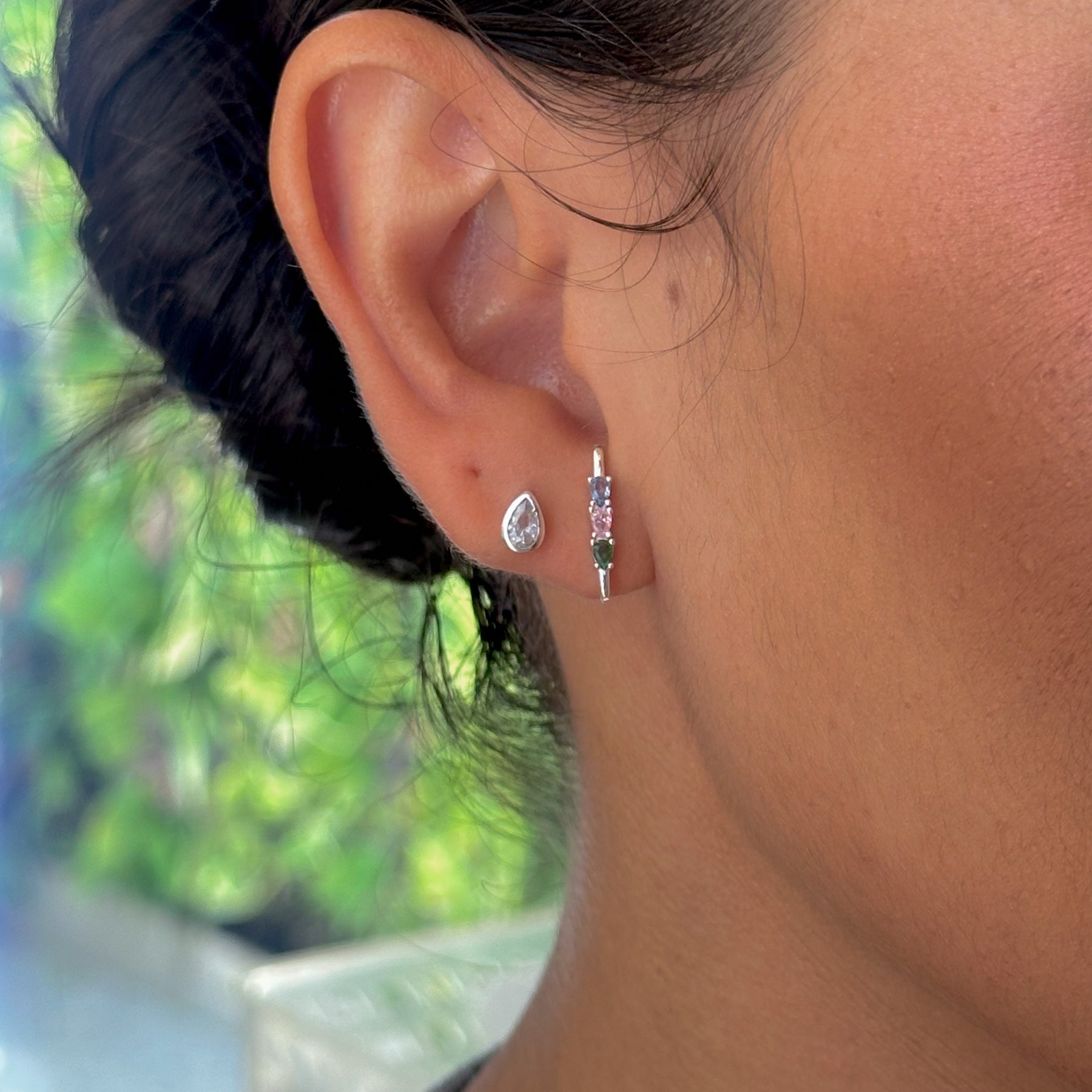 Brinco Dupla de Brincos Luza com Ear Hook Color e Ponto de Luz Gota em Prata 925