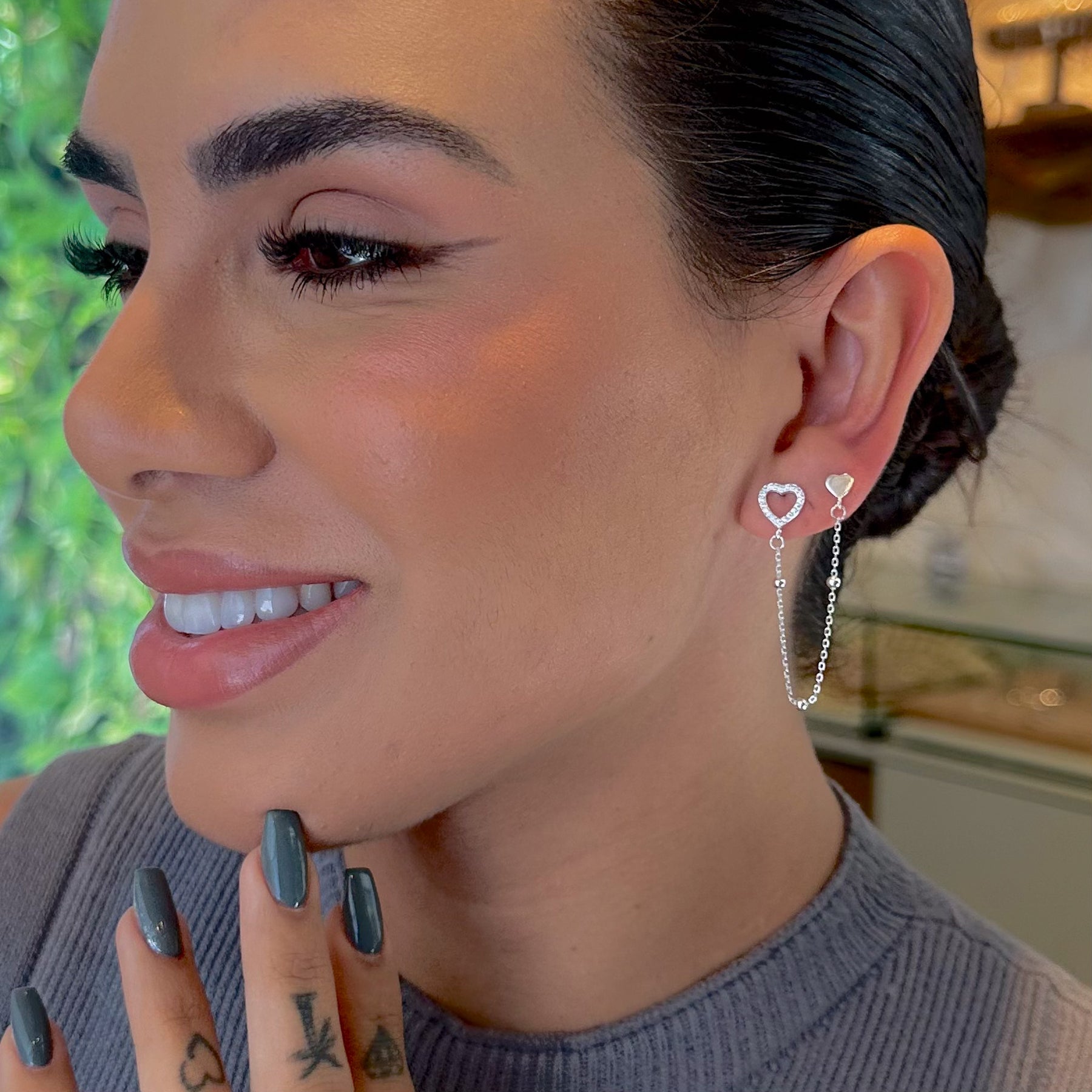 Brinco Ear Line Luza Duplo de Corações em Prata 925