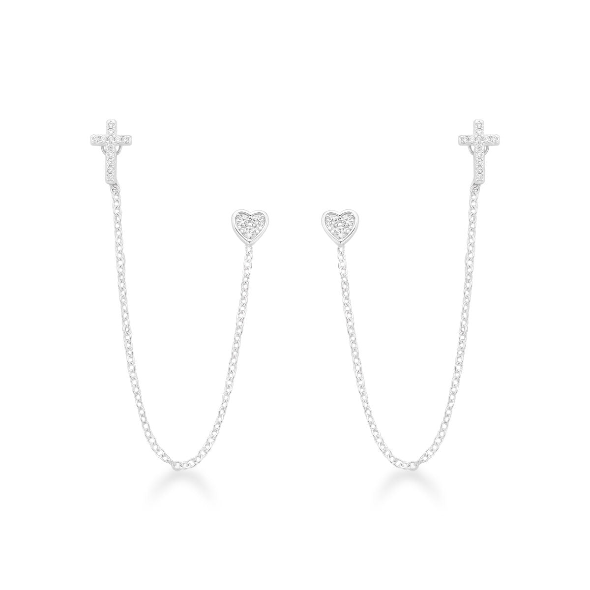 Brinco Luza Ear Line Duplo com Brinco de Coração e Cruz Cravejados em Prata 925