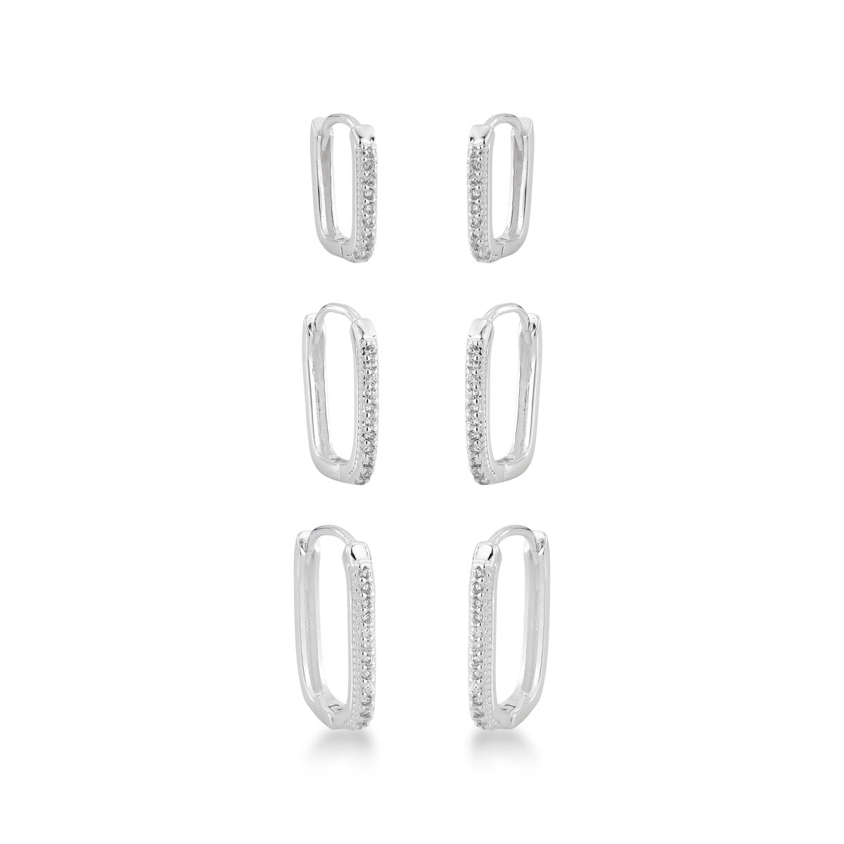 Trio Luza de Argolas Luza Retangulares com 1 Linhas de Zircônias em Prata 925