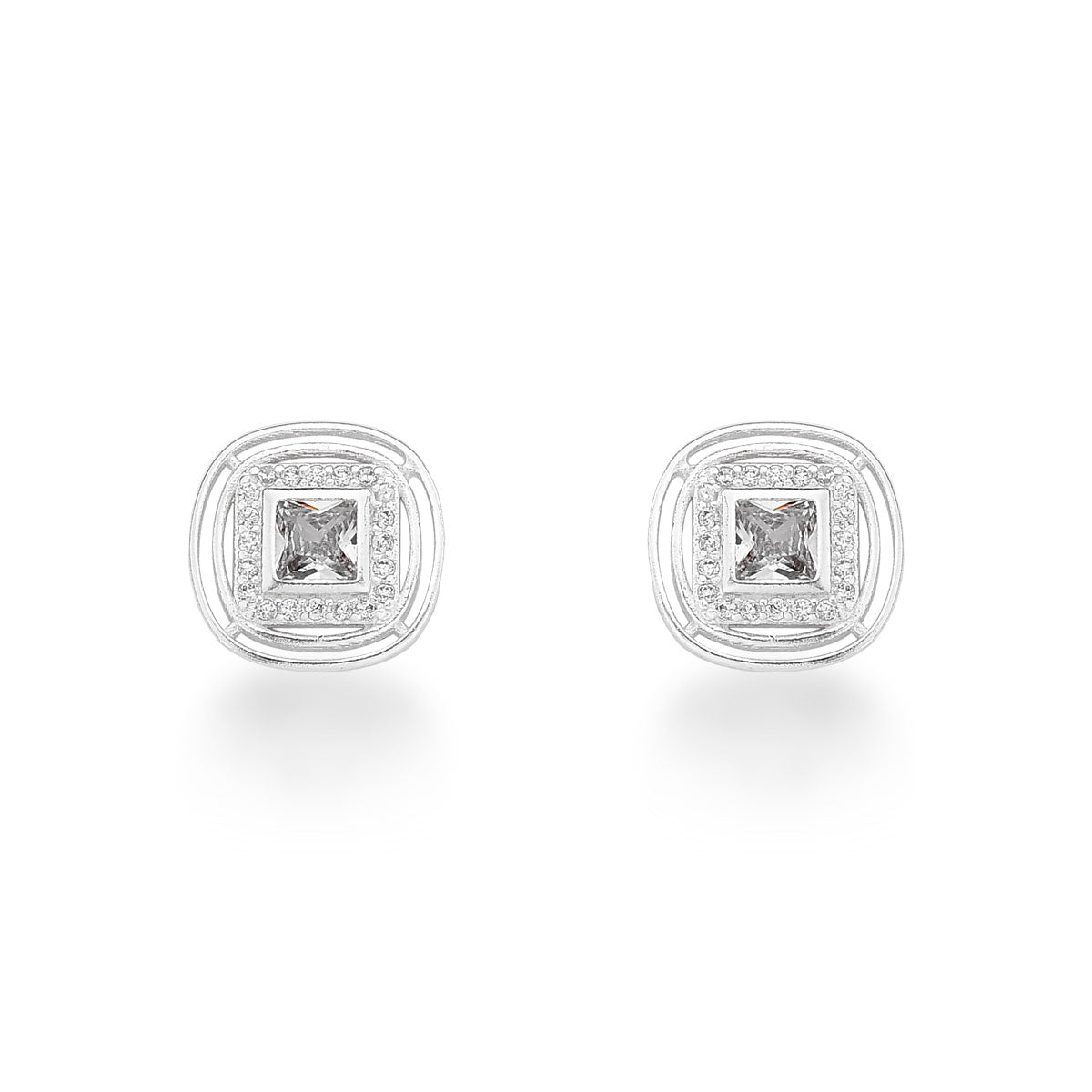 Brinco Luza Ponto de Luz Quadrado Rodeado de Zircônias e Detalhes Vazados em Prata 925