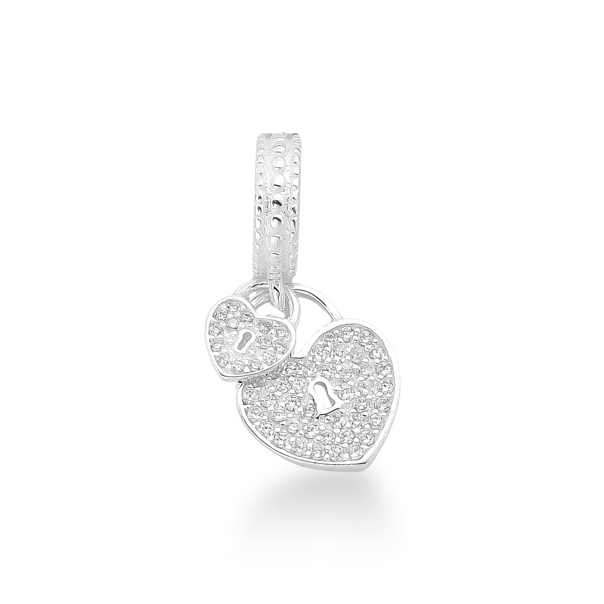 Berloque Dois Corações Luza em Formato de Cadeado, Cravejados de Zircônia em Prata 925