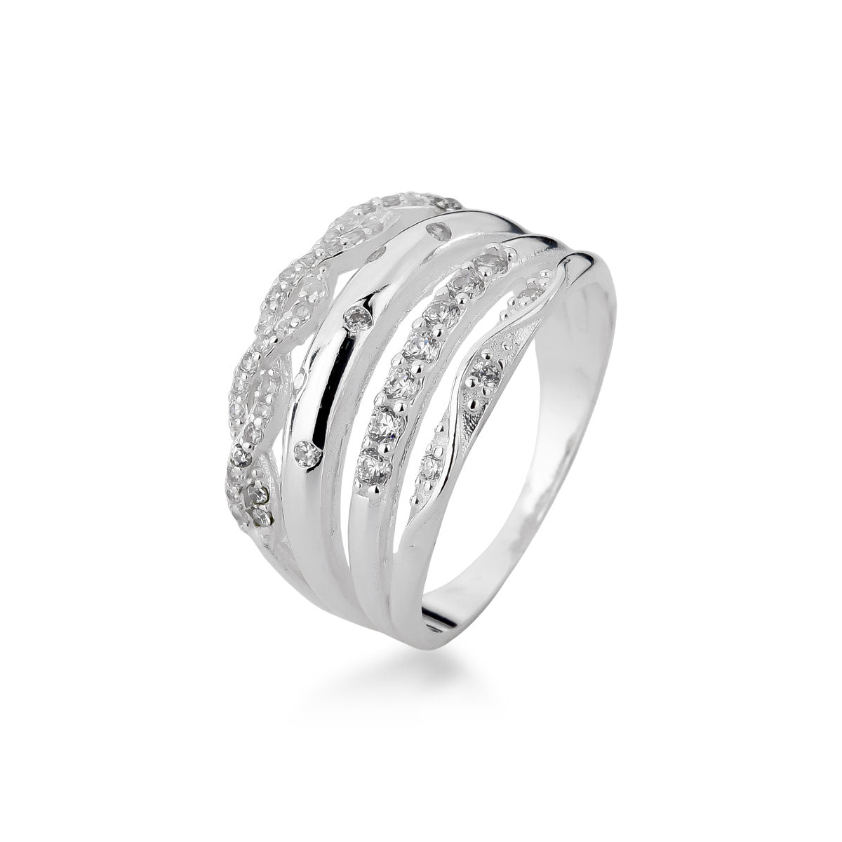 Anel Luza Quatro Linhas Diversas com Detalhes de Zircônia em Prata 925