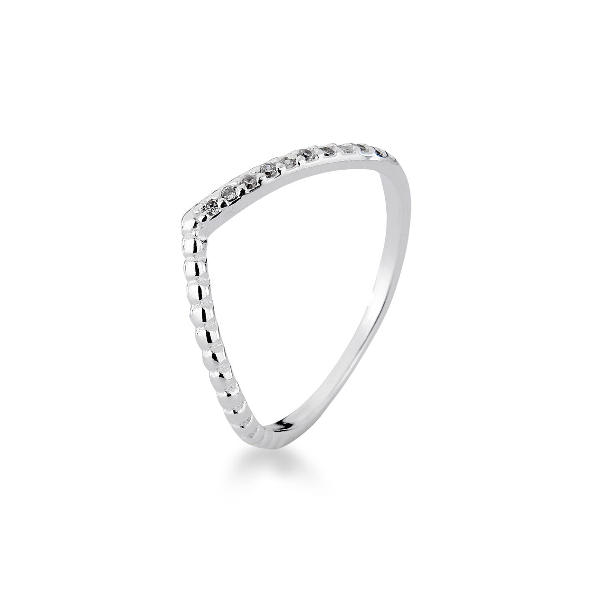 Anel V Luza com Lado Liso e Lado Cravejado em Prata 925