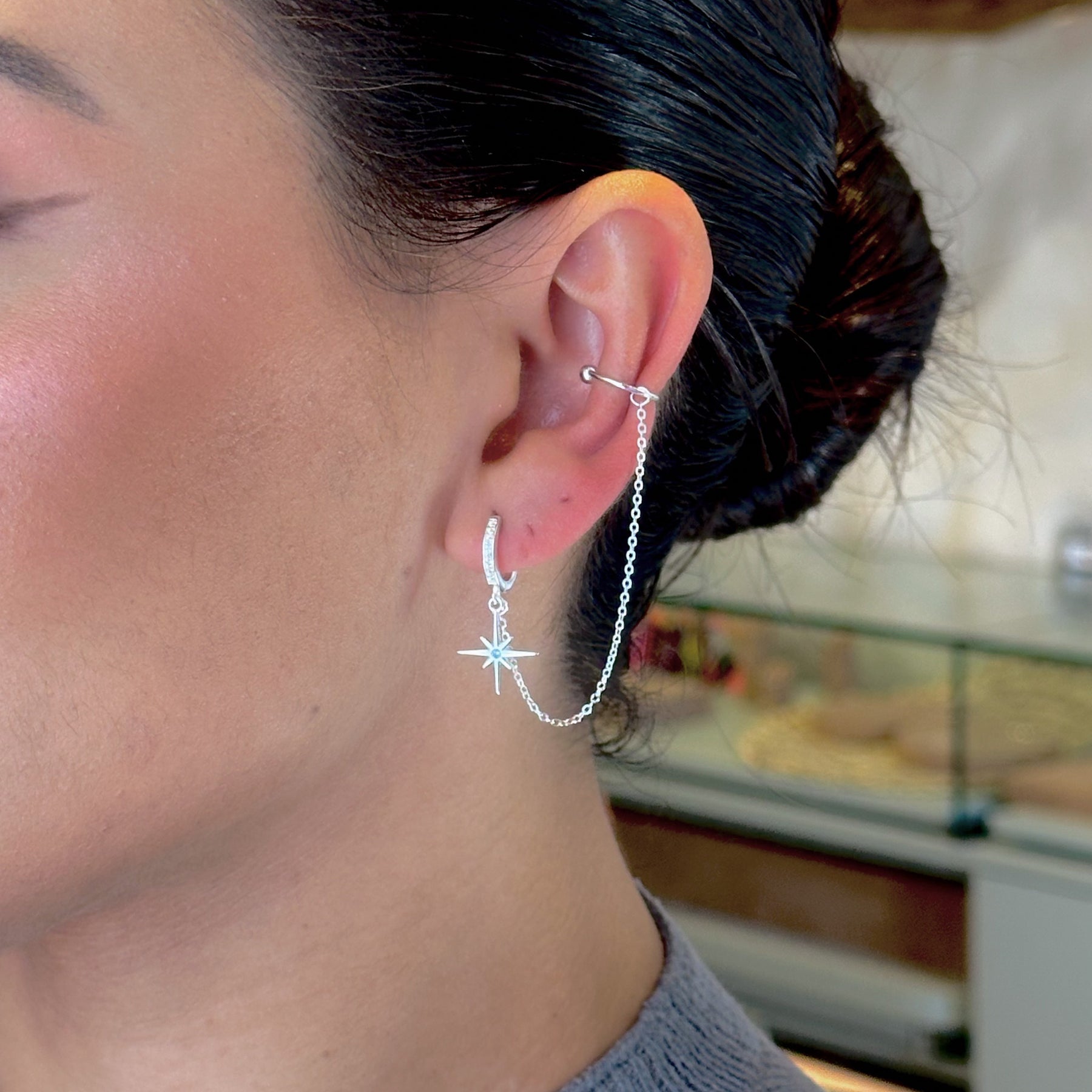 Brinco de Argola Luza com Estrela Pendente + Piercing Fake em Prata 925