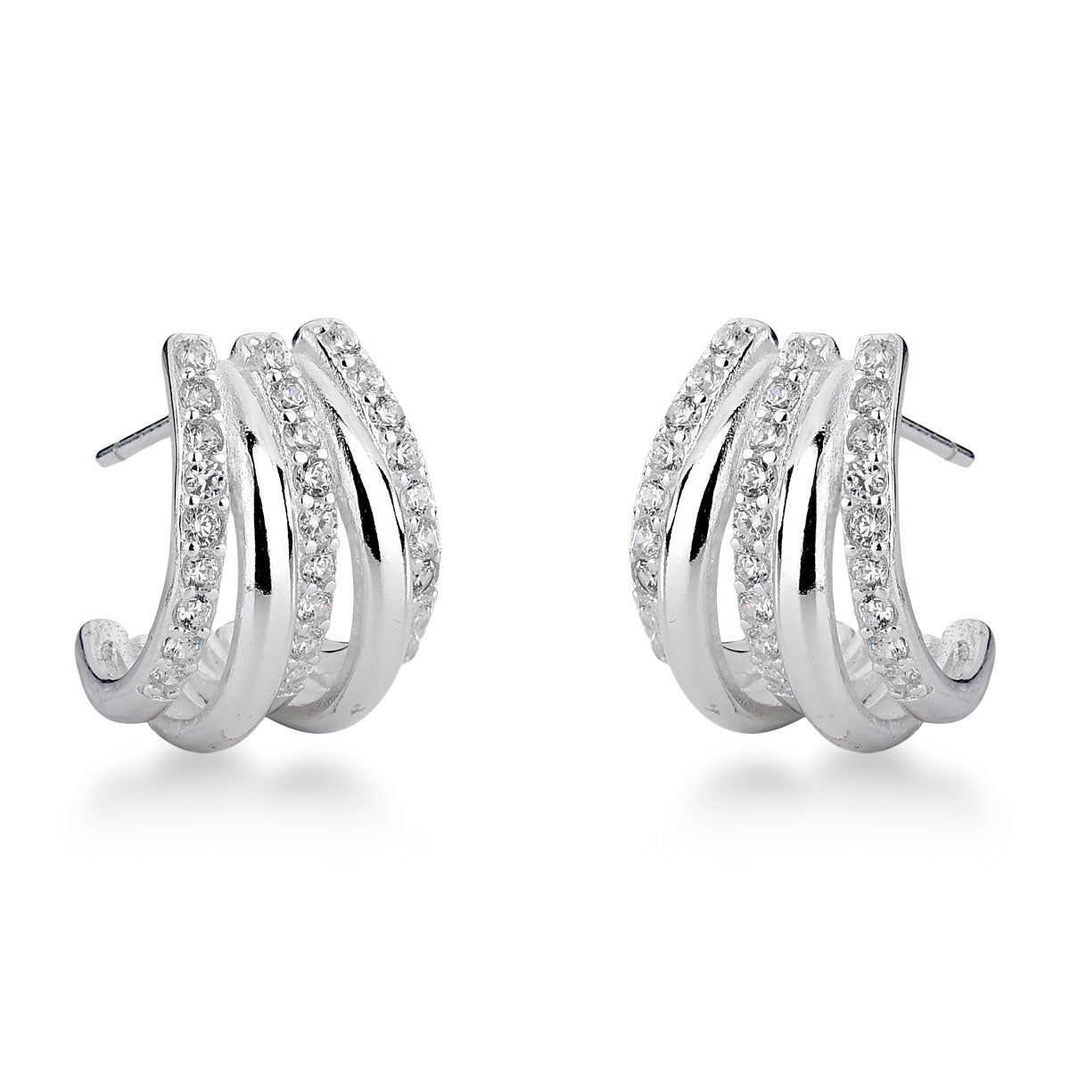 Brinco de Meia Argola Luza com 5 Linhas Lisas e Cravejadas em Prata 925