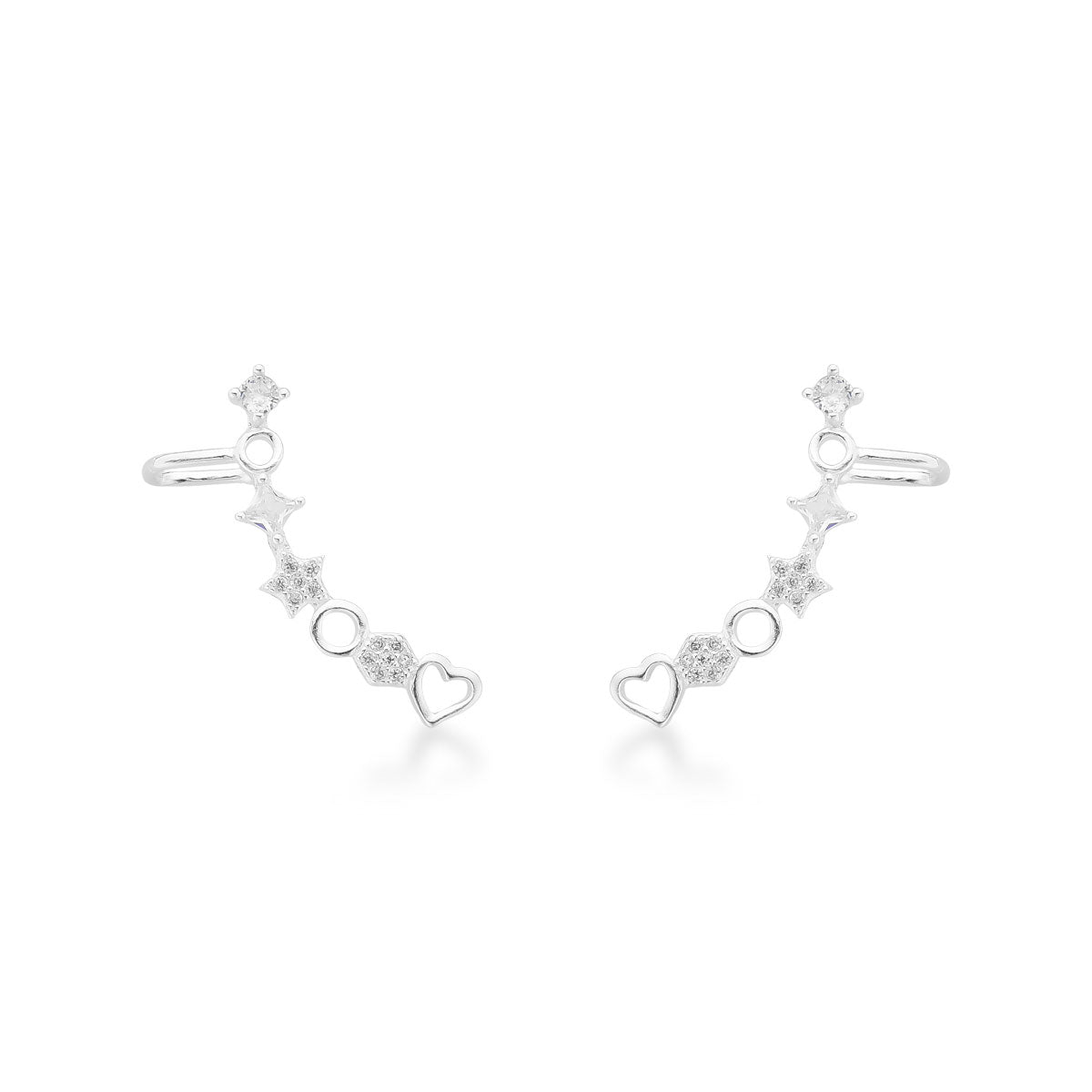 Brinco Luza Ear Cuf com Pontos de Luz, Flores Cravejadas e Detalhes Vazados em Prata 925