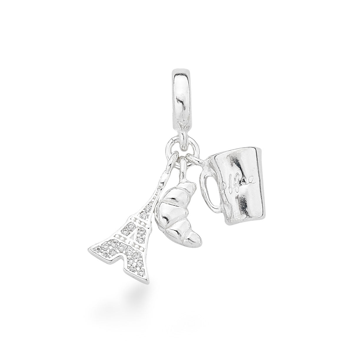 Berloque Três Pingentes: Café, Croissant e Torre Eiffel Luza em Prata 925