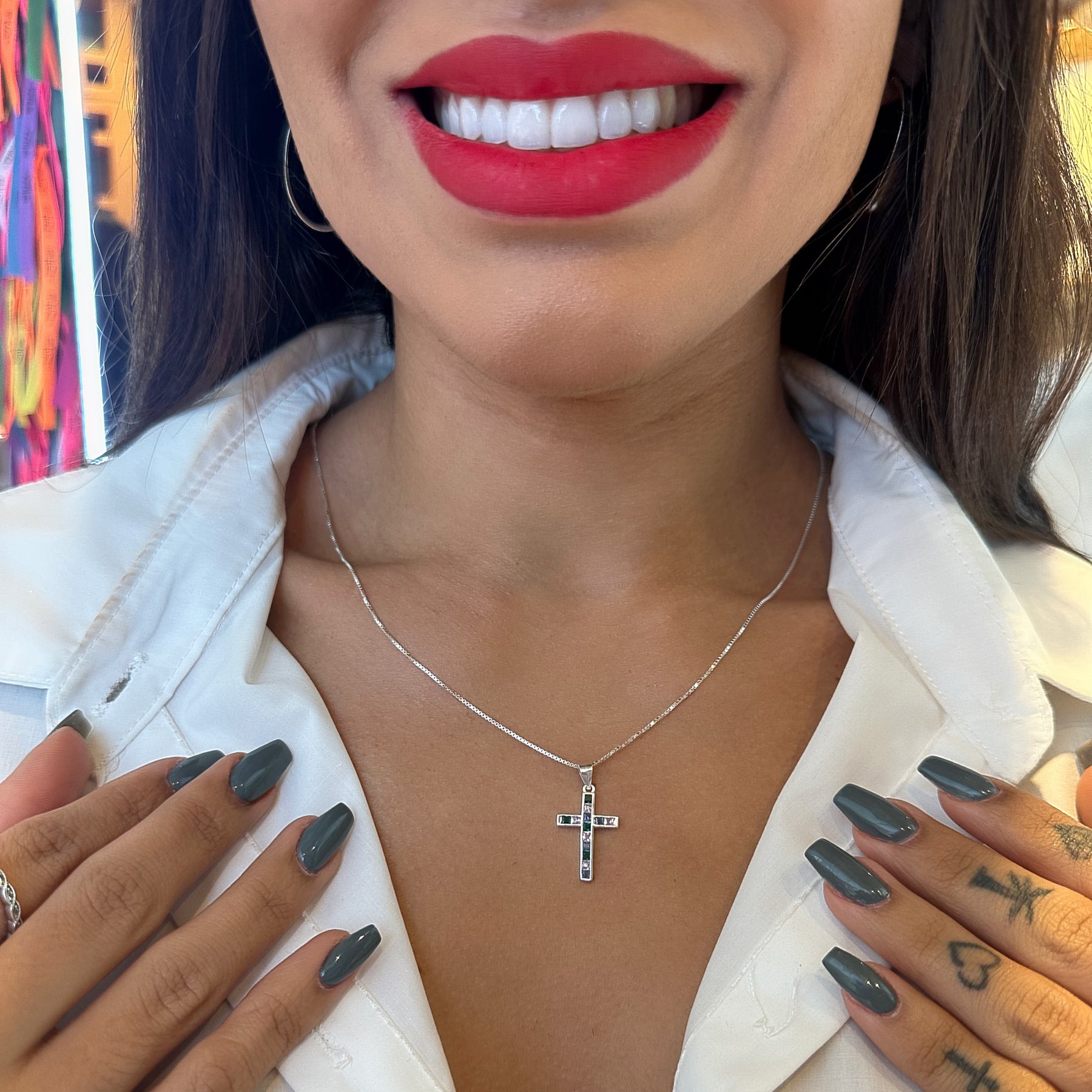 Pingente de Cruz com Navetes Quadrados e Colors em Prata 925