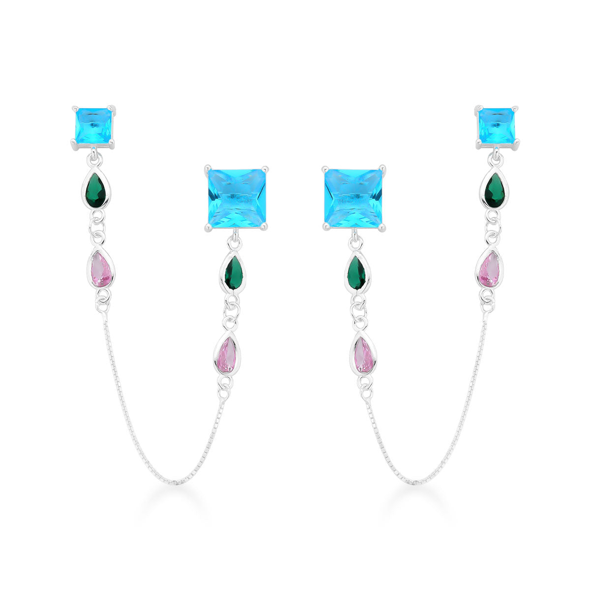 Brinco Duplo Luza de Corrente e Pedras Colors em Prata 925