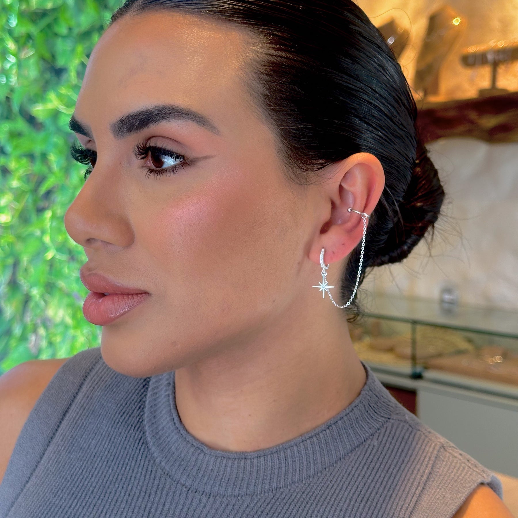 Brinco de Argola Luza com Estrela Pendente + Piercing Fake em Prata 925