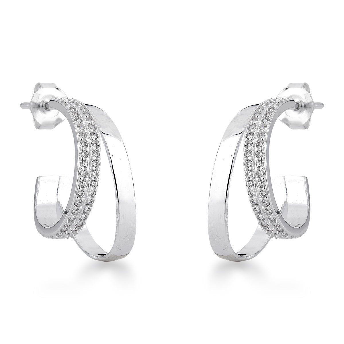 Brinco de Meia Argola Luza com 2 Linhas Sendo 1 Cravejada de Zircônias em Prata 925