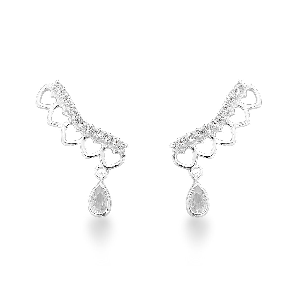 Brinco Luza Ear Cuff de Corações Vazados com Ponto de Luz Gota Pendente em Prata 925