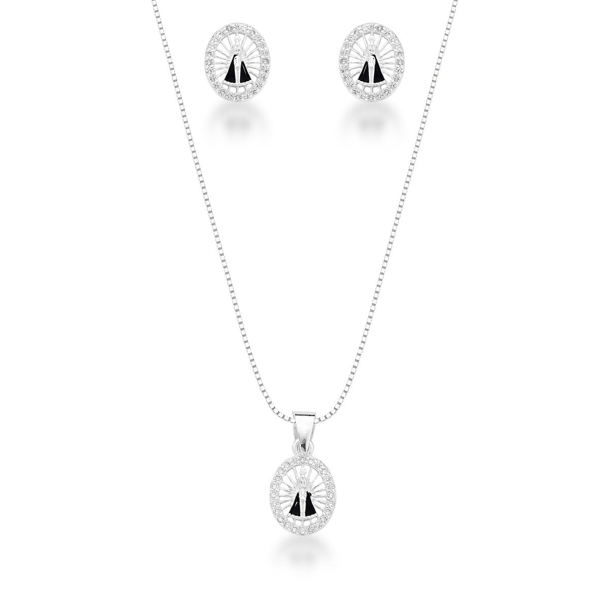 Conjunto de Nsa. Sra. Aparecida Rodeado de Zircônias em Prata 925