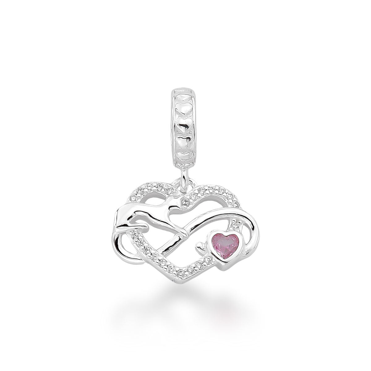 BERLOQUE DE CORAÇÃO CRAVEJADO LUZA COM ZIRCÔNIA COM INFINITO DE RABO DE GATO COM DETALHE EM ZIRCÔNIA ROSA EM PRATA 925