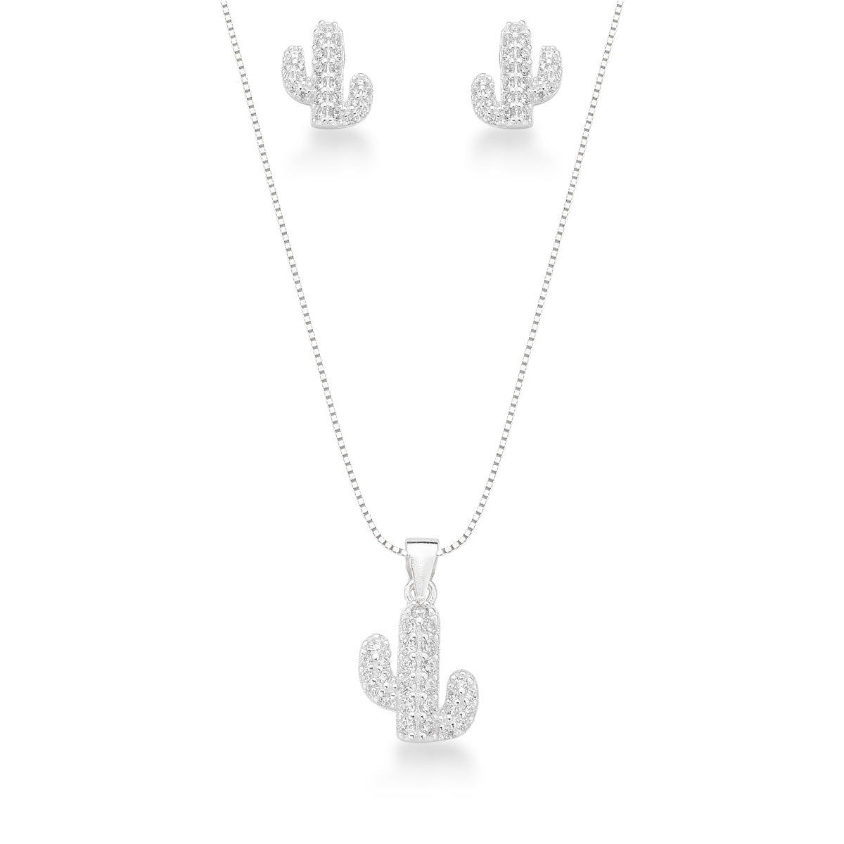Conjunto de Cacto Luza Cravejado de Zircônias em Prata 925