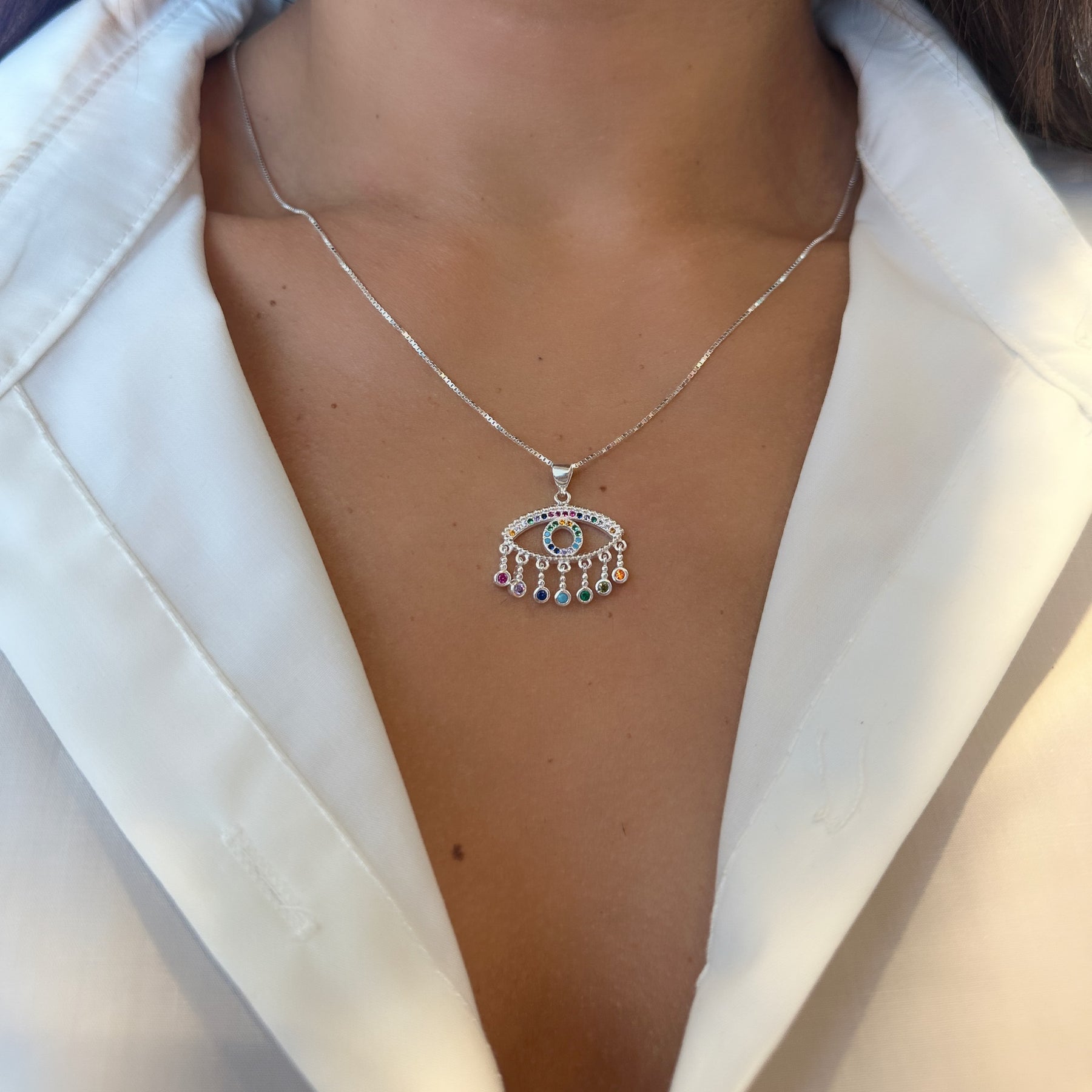 Pingente de Olho Grego Vazado com Microzircônias e Pontos de Luz Colors Pendentes em Prata 925